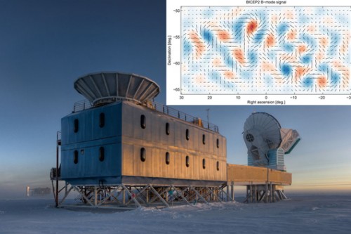 עדויות לתחילת היקום: מעבדת החושך (Dark Sector Lab) ממוקמת כקילומטר מהקוטב הדרומי הגיאוגרפי וכוללת את הטלסקופ  BICEP2 למיפוי בגלי מיקרו (בשמאל התמונה) ואת טלסקופ הקוטב הדרומי (בימין התמונה) במסגרת: התנועות שאותרו בקרינת הרקע הקוסמית צילום: NASA