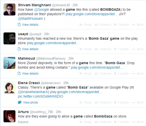 ציוצים כנגד המשחק Bomb Gaza. צילום מסך