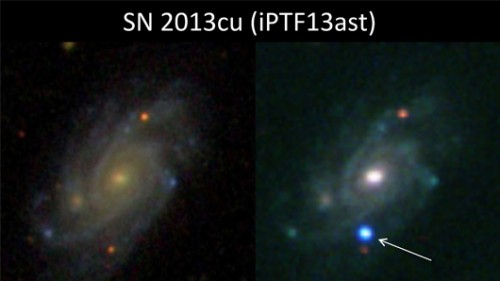 מראה הגלקסיה UGC 9379 לפני התרחשות הסופרנובה (משמאל) ובזמן ההתפוצצות (מימין, הסופרנובה מסומנת בחץ) צילום: מכון ויצמן למדע 