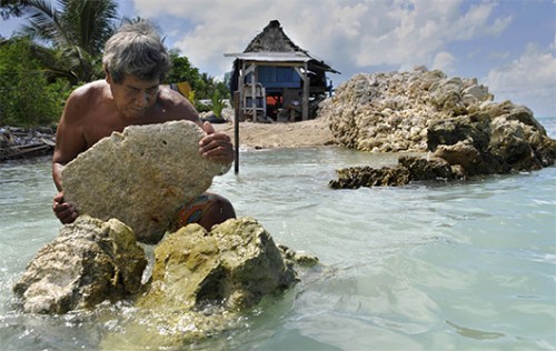 תושב האי קריבאטי בונה מחדש את ביתו  צילום: אימג'בנק 