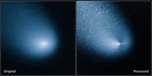 צילום של כוכב השביט סידינג ספרינגס על ידי טלסקופ החלל האבל מראה את חלקו הקרוב לגרעין (בתמונה השמאלית) ולאחר עיבוד כדי להבליט פרטים קרובים לגרעית בתוך ההילה (בתמונה הימנית)  צילום: NASA 