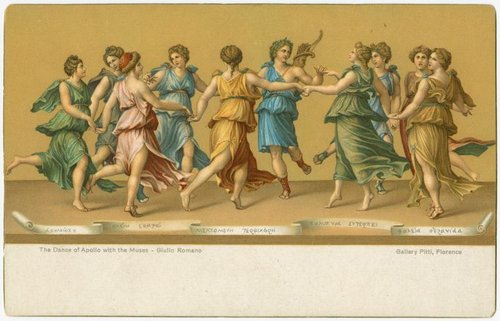אפולו רוקד עם המוזות, ציור של ג'יאלו רומנו מהמאה ה-15
